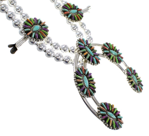 Southwest Multicolor Needlepoint Silver Squash Blossom Necklace Set WX71808